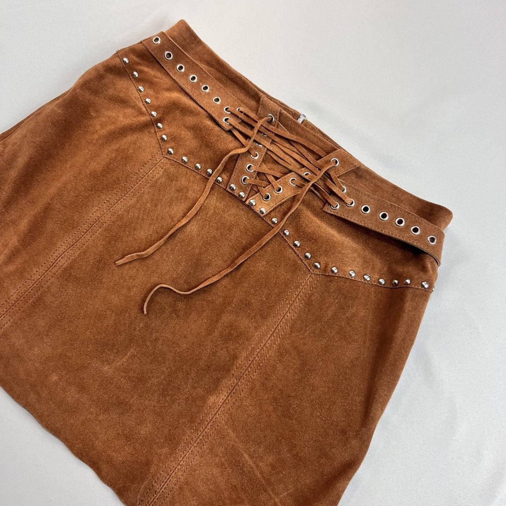 Muubaa 100% Suede Leather Mini Skirt Tan Western Boho Lace‎ Up Stud Detail Sz 10 - Picture 4 of 13